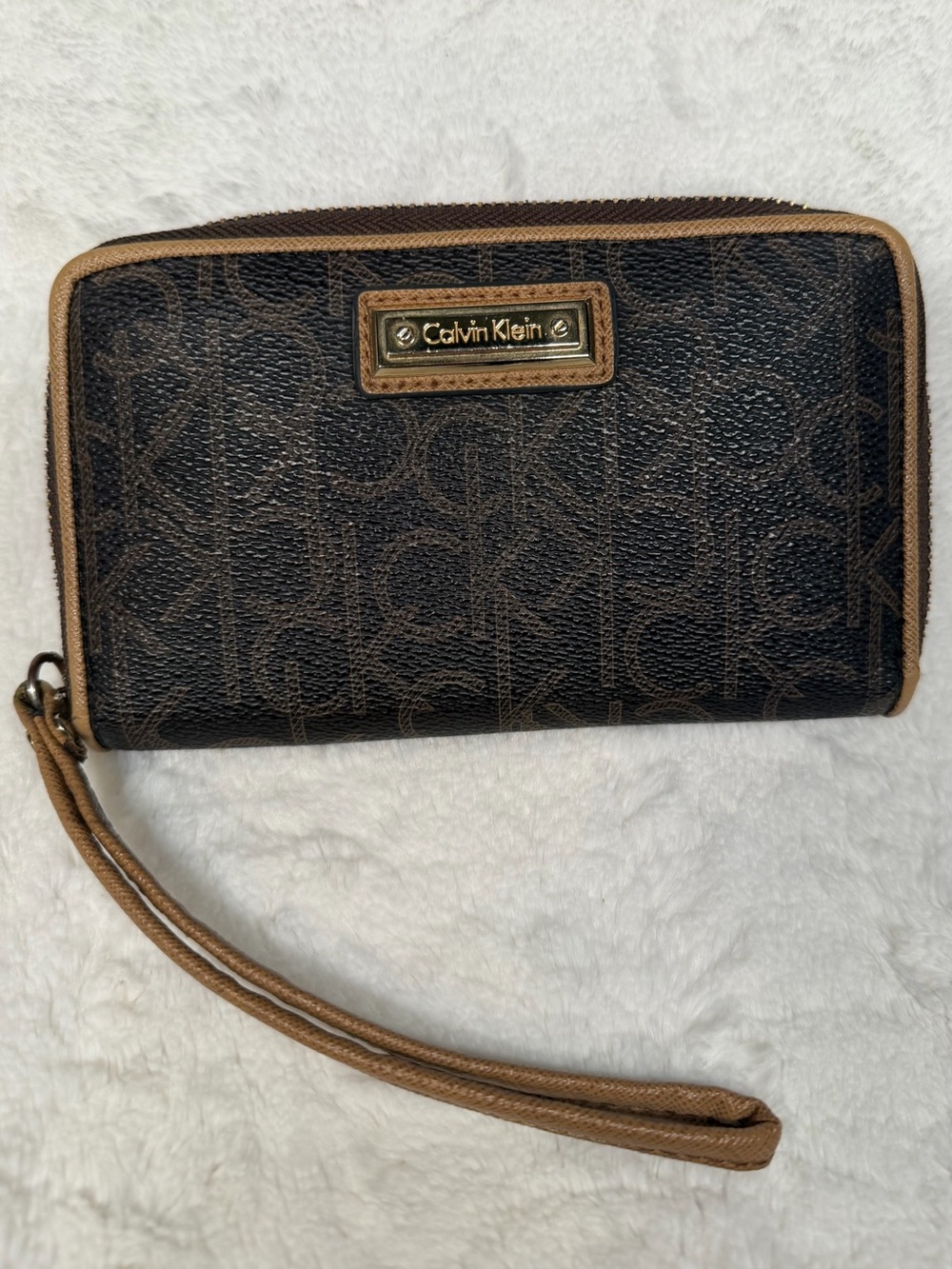 Calvin Klein Dark Brown Monogram Zip Wristlet